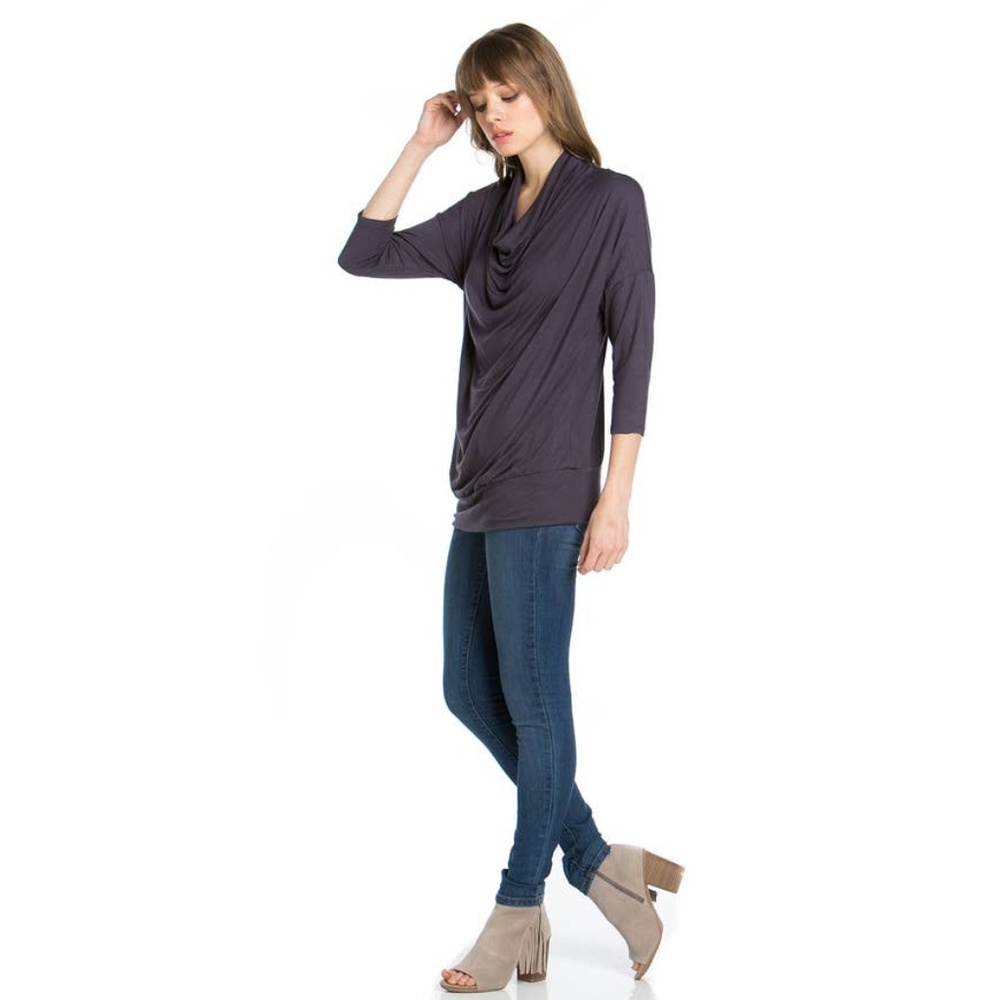 3/4 Sleeve Dark Grey Rolled Cowl Neck
